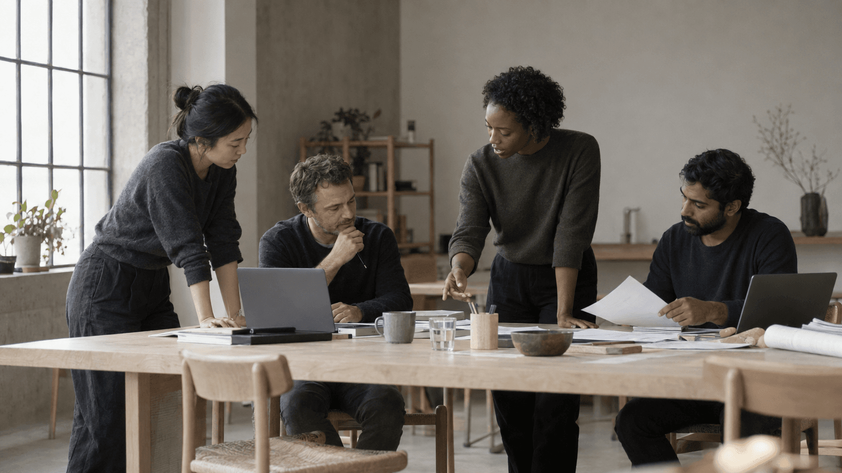 Four Forgestack team members reviewing work around a studio table