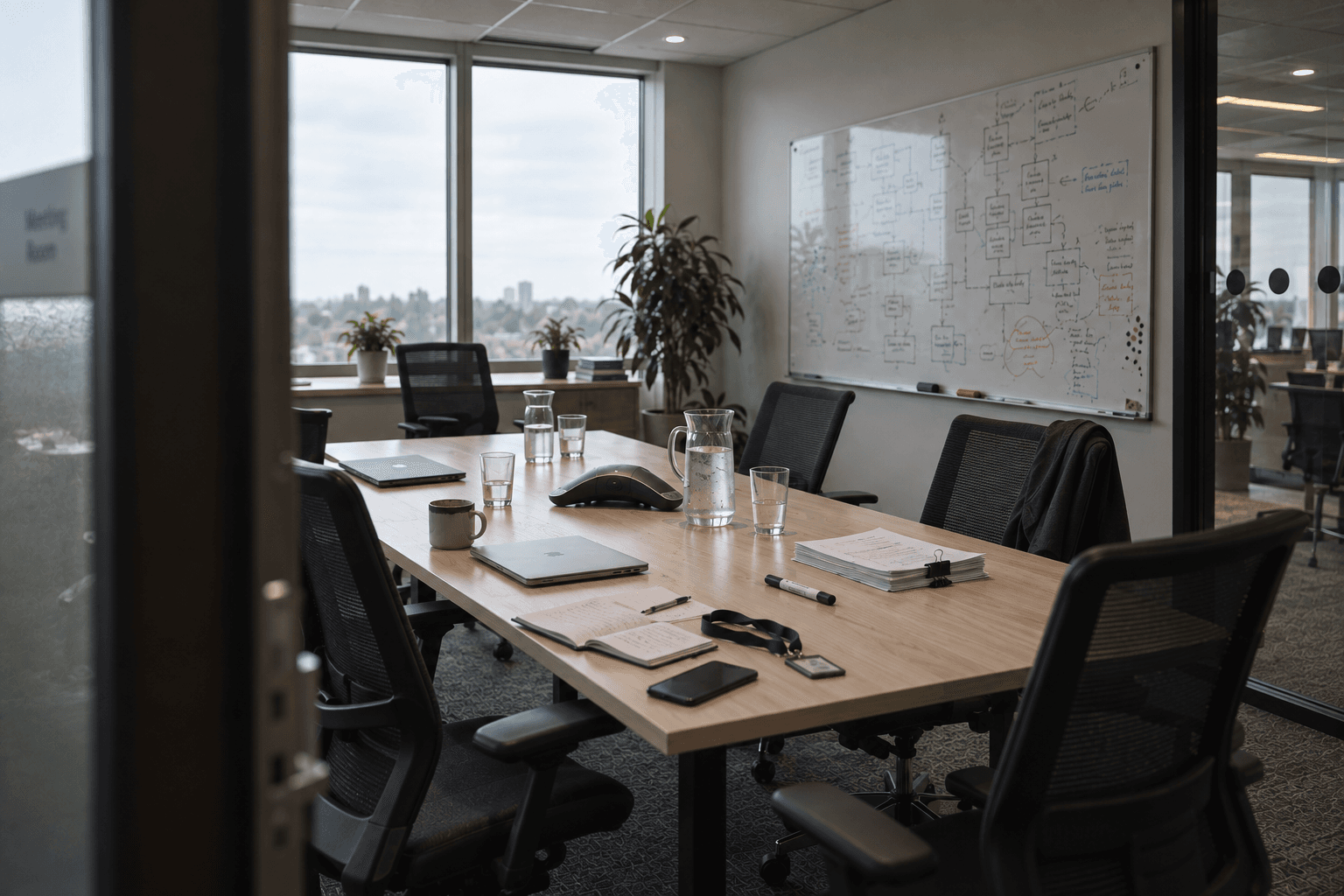 An empty meeting room with a whiteboard of system diagrams