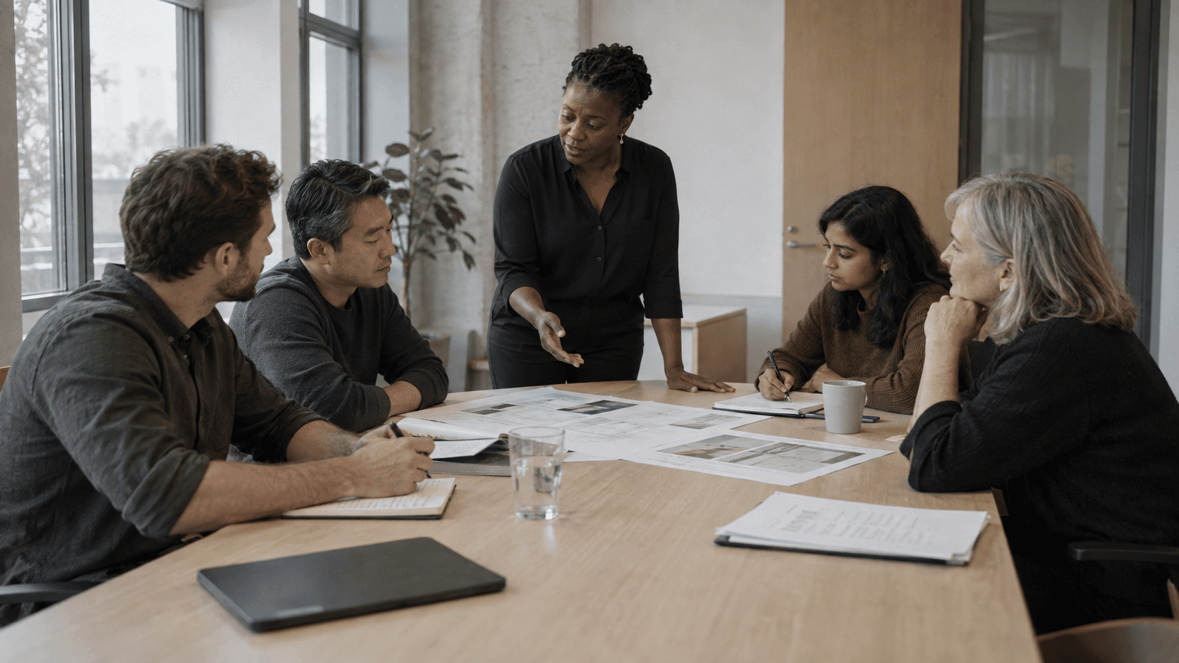 Five colleagues around a meeting table reviewing printed layouts